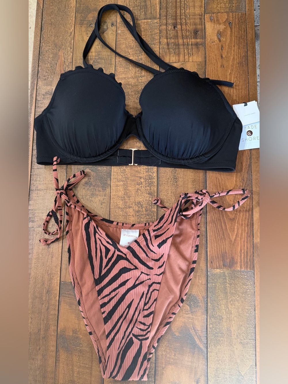 Shade & Shore Black Push-Up Bikini Top with Rust Zebra Tie-Side Bottoms